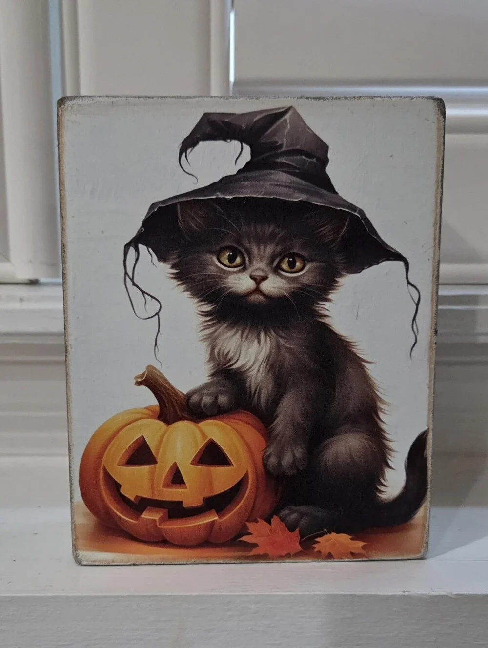 Upcycled Halloween Black Cat & Pumpkin Shelf Sitter Sign